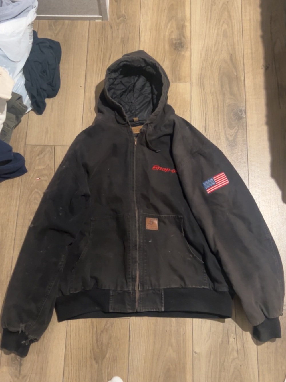 Snap Black Hooded Jacket with American Flag Patch